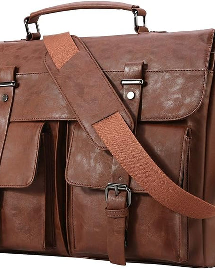 Seyfocnia Leather Messenger Bag for Men, Vintage Leather Laptop Bag Briefcase Satchel, 17.3 Inch Computer School Work Bag (Brown)