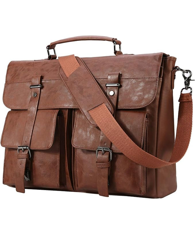 Seyfocnia Leather Messenger Bag for Men, Vintage Leather Laptop Bag Briefcase Satchel, 17.3 Inch Computer School Work Bag (Brown)