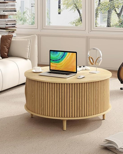 JOINICE,Round Coffee Table with Storage, 31.5" Natural Oak Fluted Center Table with Sliding Door, Modern Circle Drum Table for Living Room, Scandi Wood Furniture for Small Spaces