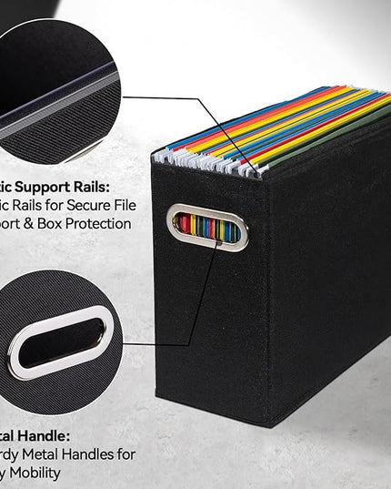 4 Pack Letter Size File Storage Box Collapsible, Fabric Hanging File Folders Organizer, Portable Office Document Holder with Metal Handle, Smooth PVC Rails, Black