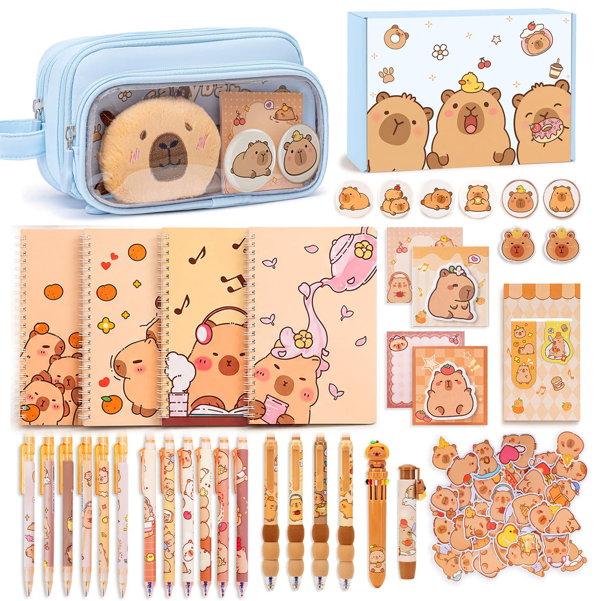 Similove Capybara Stationery Set 92 Pcs, Kawaii Back to School Supply Bundle with Pencil Case, Notebooks, Pens and Stickers, Cute School Supplies for Kids Girls, Kindergarten Elementary Gifts