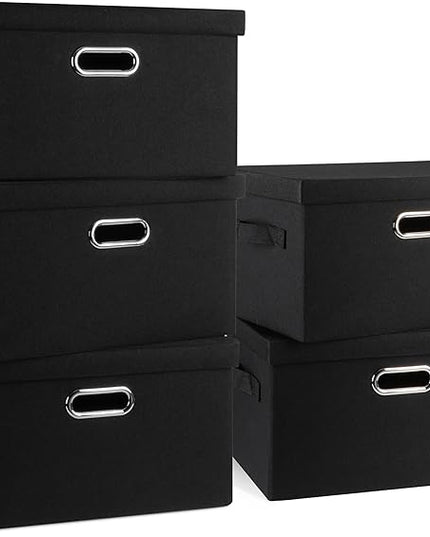 Medium 15" 21 Quart Collapsible Stackable Storage Bins with Lids, 5 Packs Black Foldable Fabric Closet Storage Boxes with Lids, Lidded Heavy-duty Linen Baskets(15x11x8)