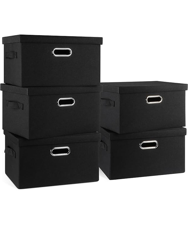 Medium 15" 21 Quart Collapsible Stackable Storage Bins with Lids, 5 Packs Black Foldable Fabric Closet Storage Boxes with Lids, Lidded Heavy-duty Linen Baskets(15x11x8)