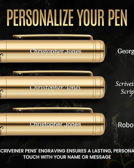 Scriveiner Personalized Gold Fountain Pen - Stunning Luxury Pen, Real Gold Plating, Schmidt Ink Refill, Best Engraved Fountain Pen Gift Set for Men & Women, Custom Name Engraving