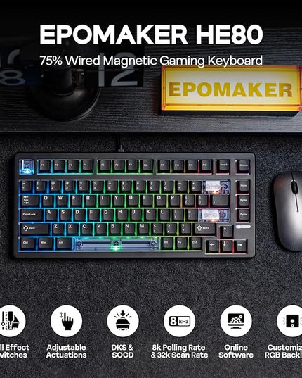 EPOMAKER HE80 Hall Effect Gaming Keyboard, 8K Polling & 32K Scan, Creamy Gasket, DKS, SOCD, Hot-Swappable, RGB Backlit, Wired Gaming Keyboard for PC & Mac (Black)