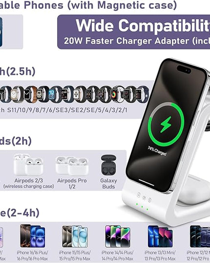 3 in 1 Wireless Charging Station: 5000mAh Removable Power Bank Charger Stand for Phone/Watch/Air Pods - Portable Magnetic Battery Pack for Air 17 16 15 14 13 12 Series White