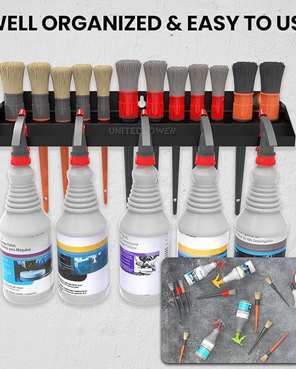 UNITEDPOWER Brush and Trigger Bottle Holder, Wall Mount Storage Rack Organizer for Auto Repair Shops Car Washes And Home Garages, Stores up to 12 Detailing Brushes & Hanging Rail for Bottles