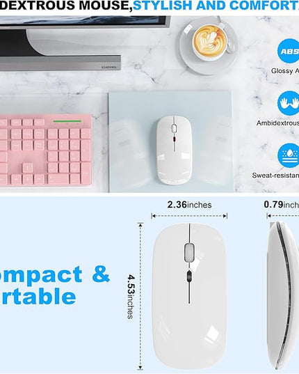 LED Bluetooth Wireless Mouse for MacBook Air Mac Pro Laptop Computer iPad, Rechargeable Silent Light-Up Mouse Jiggler Optical Dual Mode BT5.2 & USB-A/USB-C for Students, Kids, Girls, Boys - White