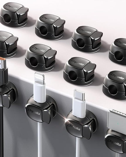 12Pack Cord Organizer [Dual Spring & Clasp, Max Secure] Cable Clips - Chfeila Cord Holder, Desk Cable Management, Adhesive Phone Charging Wire Holder for Nightstand/Car/Wall, Office Accessory - Black