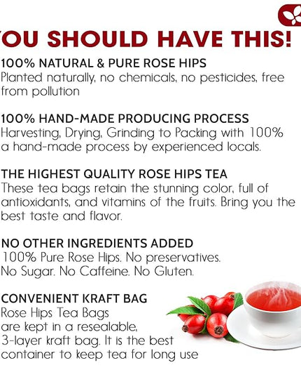 FreshDrinkUS, Premium 135 Rosehip Tea Bags, 100% Natural & Pure from Rose Hip Fruits. Loose Rosehip Herbal Tea. Made with Natural Material Tea Bags. No Sugar, No Caffeine, No Gluten, Vegan.