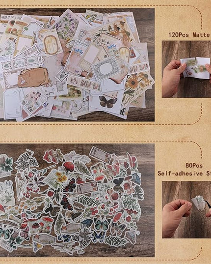 200Pcs Vintage Scrapbook Stickers, Aesthetic Junk Journal Stamping Supplies Kit, Scrapbooking Ephemera Washi Paper for Bullet Journaling Planners Diary Collage