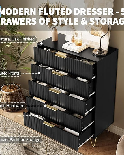 Garvee Fluted Dresser for Bedroom with 5 Drawers,32" Wide Modern Chest of Wooden Bedroom Chest with Metal Handle,Wide Clothes Storage Organizer,Closet Dresser & TV Stand for Living Room,Hallway,Black