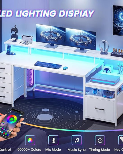 SEDETA White Computer Desk with 5 Drawer & Power Outlet, 75'' Home Office Desk with File Drawer, Storage Shelves, Printer Cabinet and Monitor Shelf, Gaming Desk with Led Lights, 23.6" W Desktop