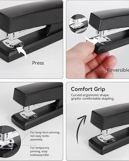 Black Desk Accessories, Office Supplies Set with Stapler, Tape Dispenser, Staple Remover, Pen Holder, Scissor, Binder/Paper Clips, Ballpoint Pen, Clear Tape and 1000pcs Staples
