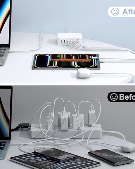 USB C Fast Charger, 150W 6 Port Desktop PD GaN Fast Charger Charging Station Block 65W USB C Laptop Power Adapter for MacBook Pro/Air iPad iPhone 17 16 15 14 13 Pro Max Galaxy S24 Note 20 Pixel