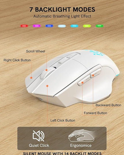 SABLUTE Ergonomic Wireless Keyboard and Mouse Combo - Wave Keyboard with Soft Leather Wrist Rest, Resistant Keys, RGB Backlit Rechargeable Set for PC/Mac/Chromebook (White)