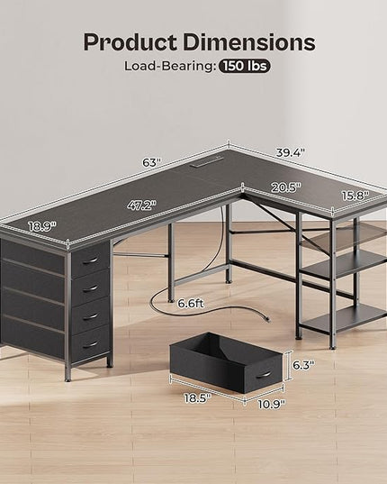 Huuger 63 Inch L Shaped Desk with Fabric Drawers, Reversible Computer Gaming Desk with Power Outlets and USB-C Port, Adjustable Side Storage Shelves, for Work Study Corner Home Office, Black