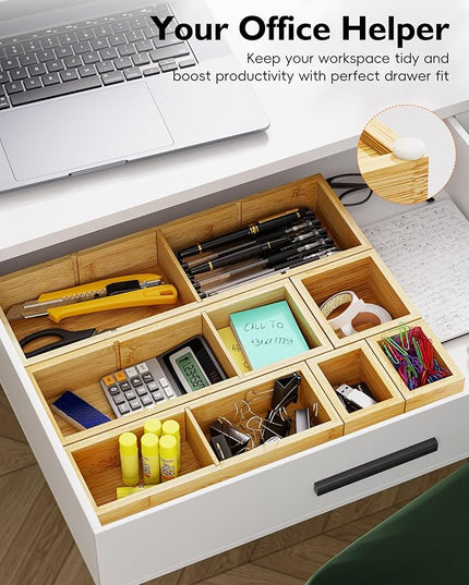 6PCS Desk Drawer Organizer Tray with 12 Compartments – Bamboo Office Storage Boxes Set for Junk Drawer Supplies, Utensils, Cosmetics, Jewelry and More