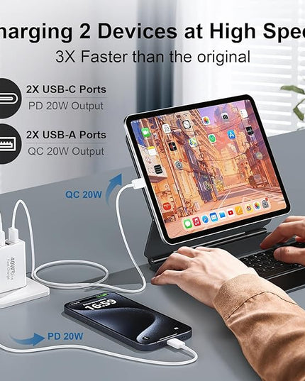 40W USB C Charger Block for iPhone 17/17 Pro/17 Pro Max/Air/16/16 Pro/16 Pro Max/16 Plus/15/15 Pro Max/14 13 12 11 Pro Max XS XR X, 4-Port PD+QC Multiport Power Adapter Type C Fast Charging Brick Cube