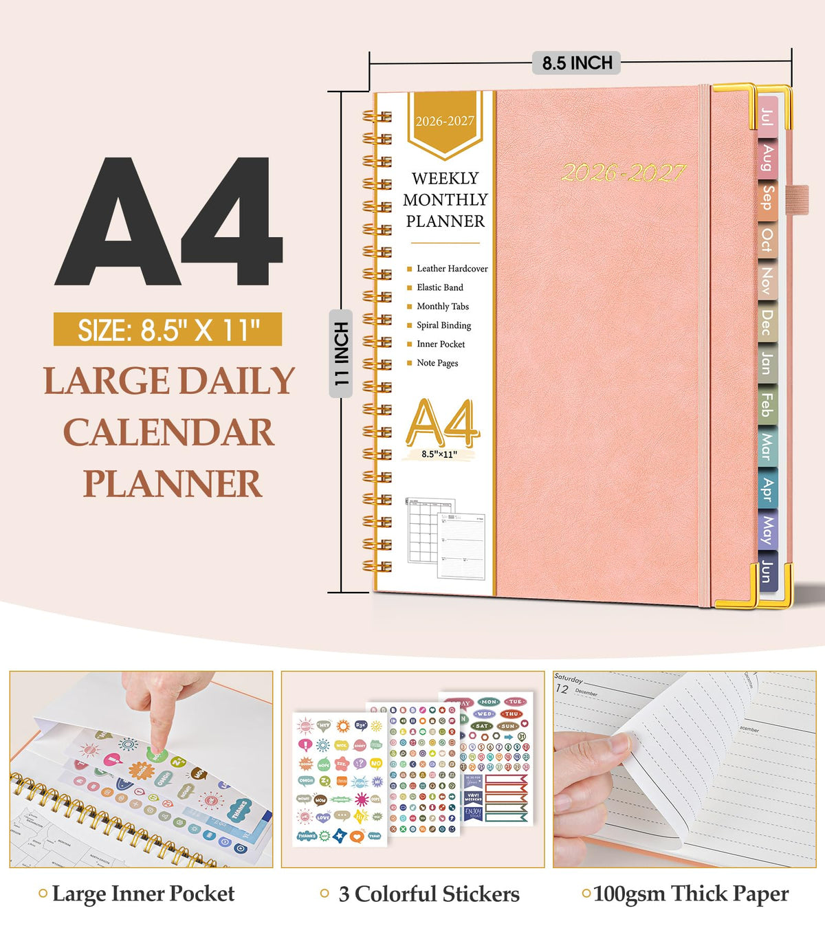 Academic Planner 2026-2027, Hardcover Leather Weekly and Monthly Calendar Planner from July 2026 - June 2027, A4 8.5" x 11" Daily Agenda with Tabs, College School Organizer for Student Teacher, Pink