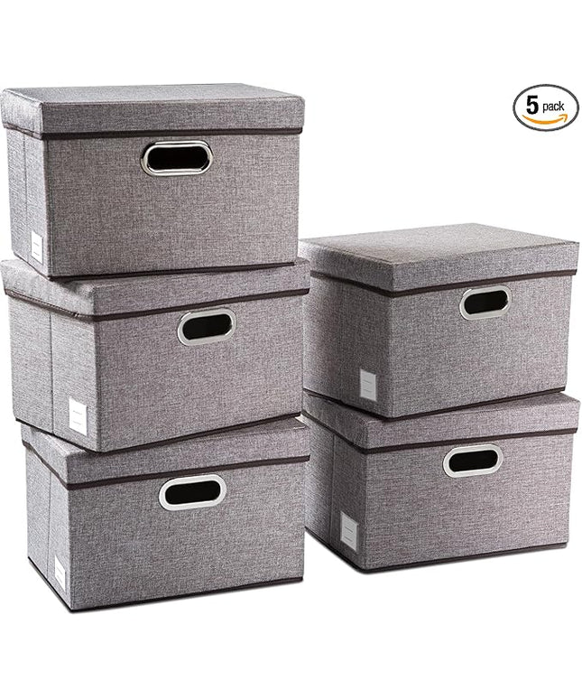 PRANDOM Collapsible Storage Containers with Lids [5-Pack] Linen Fabric Foldable Storage Bins Boxes Organizer Baskets Cube with Cover for Home Bedroom Closet Office Nursery (14.9x9.8x9.8)