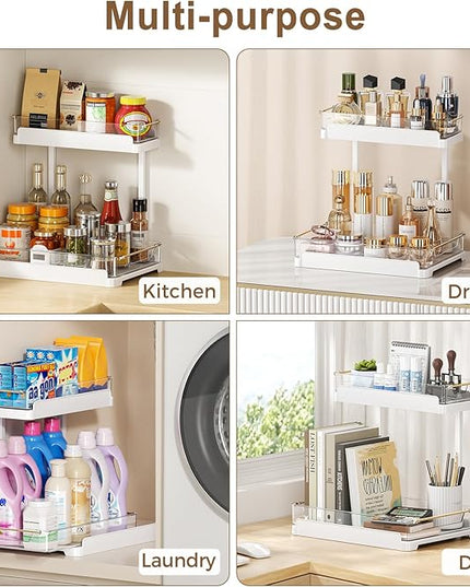 heart & home 1-Pack Under Sink Storage Organizer for Kitchen & Bathroom Cabinets with Removable Washable Tray, Tool-Free Assembly – Multi-Purpose for Kitchen Countertop, Vanity, & Laundry Room，White