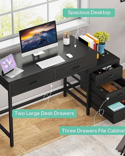 Tribesigns Computer Desk with 5 Drawers, Home Office Desks with Reversible Drawer Cabinet Printer Stand, Industrial PC Desk with Storage, Rustic Study Writing Table Workstation for Small Spaces, Black