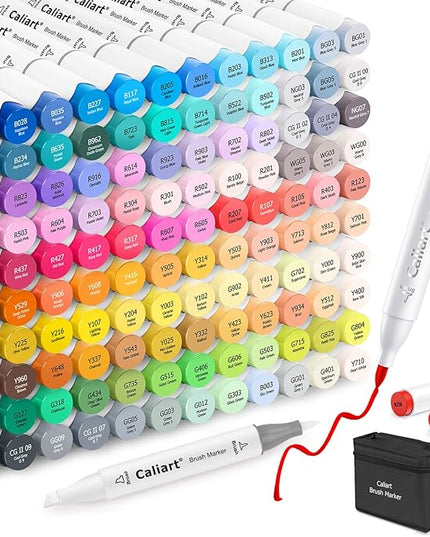 Caliart 121 Colors Alcohol Markers Brush Tip, Dual Tip Artists Coloring Markers Set Brush & Fine, Permanent Alcohol Based Colored Sketch Pens, Art Supplies Gifts for Adults Illustration Drawing