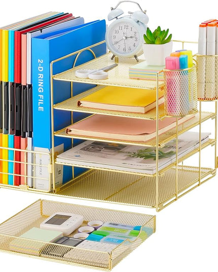 Marbrasse Rose Gold Desk Organizer with File Holder, 5-Tier Paper Letter Tray Organizer with Drawer and 2 Pen Holder, Mesh Desktop Organizer and Storage with Magazine Holder for Office Supplies