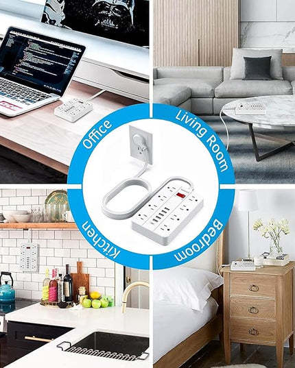 Power Strip Surge Protector, SMNICE Flat Plug Long Extension Cord 10 Ft with 8 Widely Spaced Outlets 6USB(1 USB C) Charging Station, Wall Mount for Dorm Home, Office Accessories,White