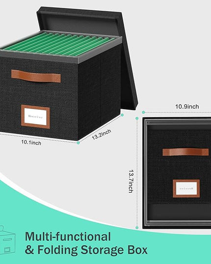File Organizer Box with Lid File Box for Hanging Decorative File Organizer with One-Piece Integrated Plastic Slide Rail (Black, 13.2x10.1x10.1inch(2pack))