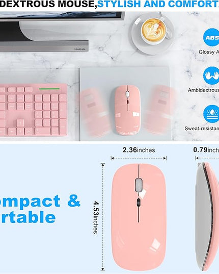 LED Bluetooth Wireless Mouse for MacBook Air/Pro, Laptop, iPad – Rechargeable Silent Light-Up Slim Mouse, Optical Dual Mode BT5.2 & USB-A/USB-C – for Students, Kids, Girls, Boys – Baby Pink