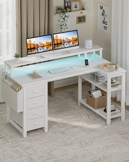 Lufeiya L Shaped Desk with Led Lights and Power Outlets, 47 Inch Writing Study Computer Gaming Desks with Fabric Drawers for Bedroom, Home Office Corner Desk with Monitor Stand Shelves, White