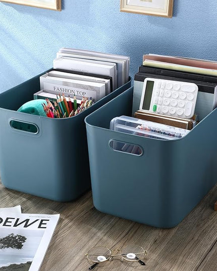 Hoolerry 8 Pieces Colorful Storage Bins with Lid, Plastic Storage Basket Organizing Container Stackable Box with Handle for Shelves Desktop Playroom Office(14.2 x 10.2 x 9.5 Inch,Blue)