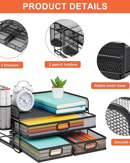 Marbrasse 3 Tier Mesh Desk Organizer with Drawer, Multi-Functional Desk Organizers and Accessories, Paper Letter Organizer with 2 Pen Holder for Home Office Supplies (Black)