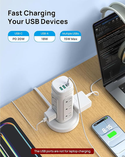 TROND Rotating Plug Power Strip Tower PD 20W - 5ft Retractable Extension Cord Surge Protector, 12 Outlets, 4 USB, 1700J Protection, Space Saving Home Office Desk Supplies, Dorm Room Essentials