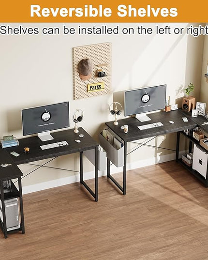 Grandder L Shaped Computer Desk with Reversible Shelves, 40 Inch Small Corner Desk with Storage Bag, Gaming Desk Computer Table Study Writing Table for Home Office Bedroom Small Space, Black