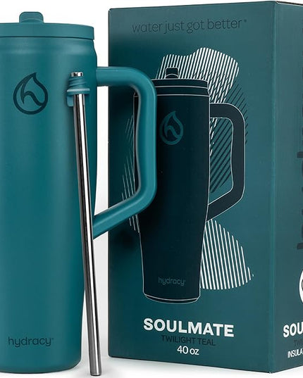 Hydracy Soulmate Insulated Tumblers with Handle and Stainless Steel Straw - 100% Leakproof Reusable Insulated Cup - Cupholder Friendly Rubber Base Travel Mug - Twilight Teal