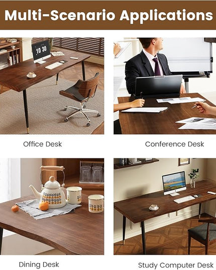 Solid Wood Desk 55 inches, Home Office Computer Desk Wooden Rustic Writing Desk Metal Modern Simple Design Executive Real Wood Desk(Walnut)