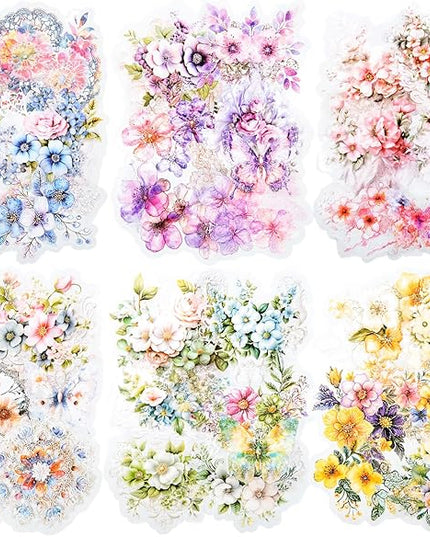 AuriicLeaf Floral PET Sticker Set, 60PCS Transparent Butterfly, Lace, and Flower Stickers for Scrapbooking, Journaling, Planners and DIY Crafts