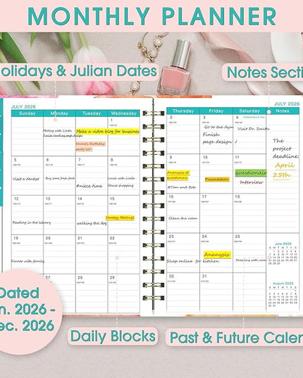 Ymumuda 2026 Planner, Daily Weekly and Monthly Planner，Jan 2026 - Dec 2026, 8.4" x 6.3", 2026 Calendar Planner Book with Tabs, Spiral Notebook with Inner Pocket for Office Home School Supplies