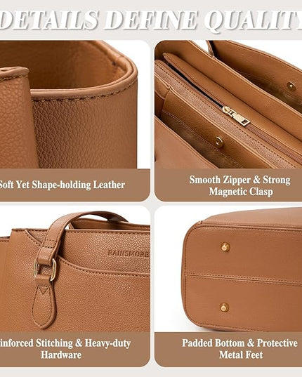 RAINSMORE Laptop Bag for Women 15.6 Inch Work Tote Bags Waterproof Computer Bags Leather Professional Laptop Purse Womens Laptop Briefcase Large Handbag for Office Teacher Travel, Brown