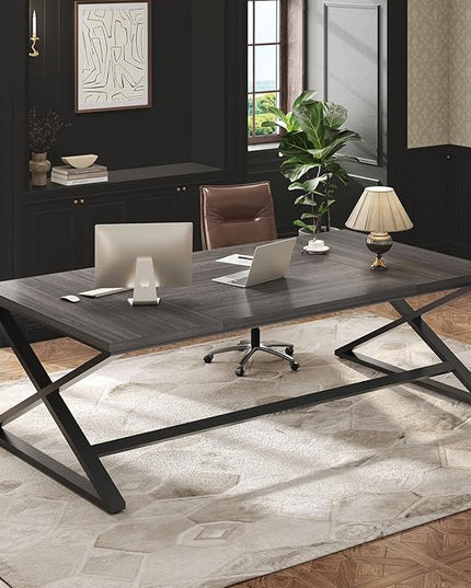 IBF 70 Inch Large Desk, Long Computer Desk for Writing Study, Industrial Home Office Work Executive Desk for Bedroom, Wood Metal Pc Gaming Workstation Computer Table for 2 Monitors, Dark Gray Oak