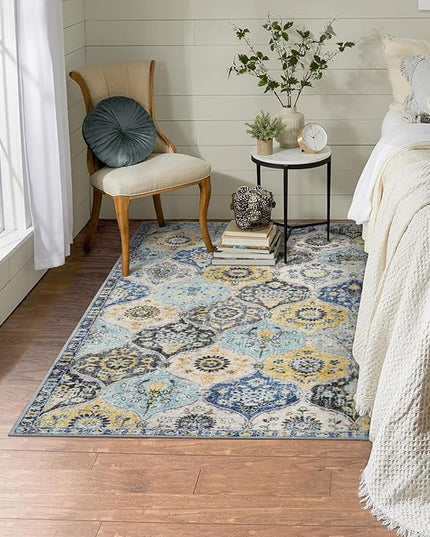 Lahome Moroccan Trellis Washable Small Area Rug, 3x5 Area Rug for Bedroom Living Room, Non-Slip Oriental Accent Throw Carpet for Kitchen Office Entryway Bathroom Office, Yellow/Aqua