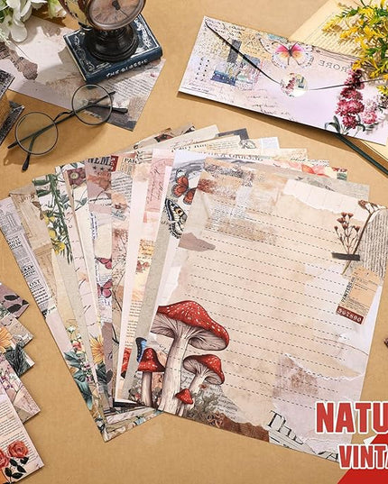 TaoBary 160 Pcs Stationery Paper Set 50 Double Sided Stationery Papers with 50 Matching Envelopes and 60 Round Dot Sticker, 10 Design(Nature Vintage Style,8.5 x 11 Inch)