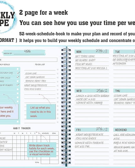 Undated Weekly Planner- Weekly Goals Notebook, A5 To Do List Planner, Habit Tracker Journal with Spiral Binding, 5.7 x 8.0 inches