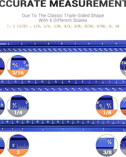 12" Architectural Scale Ruler Aluminum Architect Scale Triangular Scale Ruler for Architects, Draftsman, Students and Engineers, Blue