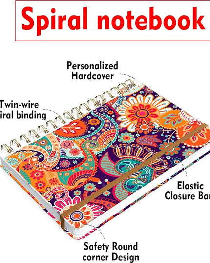 Spiral Journal Notebook for Women, Hardcover A5 College Ruled Notebook, 120 Pages, Thick Paper, Cute Lined Journal for School, Office & Work, 6 x 8.4 in(Red Orange Boho Floral)