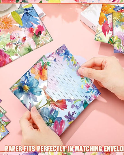 TaoBary 160 Pcs Stationery Paper Set 50 Double Sided Stationery Papers with 50 Matching Envelopes and 60 Round Dot Sticker, 10 Design(Bright Floral,5.5 x 8.25 Inch)