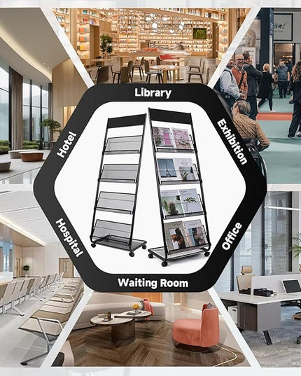Floor-Standing Magazine Rack 4-Layer with Wheels, Brochure Display Stand for Exhibitions, Office, and Any Organization Requiring Information Display